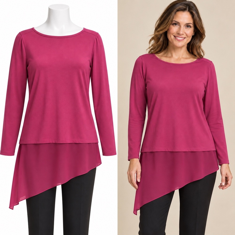 DG2 Diane Gilman Tunic Women M Pink Asymmetrical Chiffon Hem Long Sleeve Top NEW